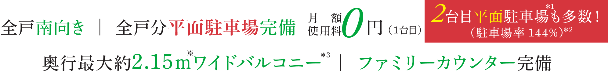 全戸南向き 全戸分平面駐車場完備 0円（1台目） 奥行最大約2.15ｍワイドバルコニー ファミリーカウンター完備